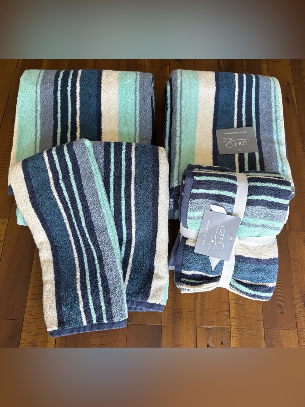 LOFT by LOFTEX Luxury 6Pc - 2 Bath 4 Hand Towel 100% Cotton Aqua Blue Stripe NEW